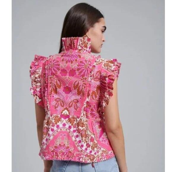Love The Label Berna Pink Blouse Top Ruffle Cotton Printed Medium - Picture 3 of 4